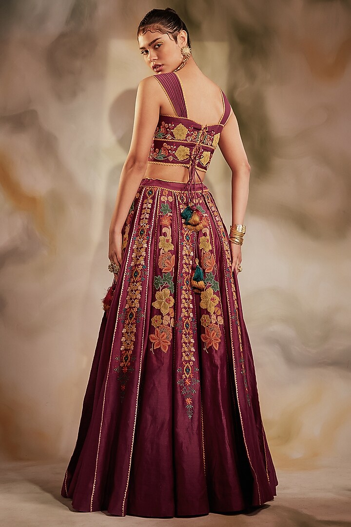 Plum Pleated Embroidered Wedding Lehenga by Chandrima at Pernia's Pop Up Shop