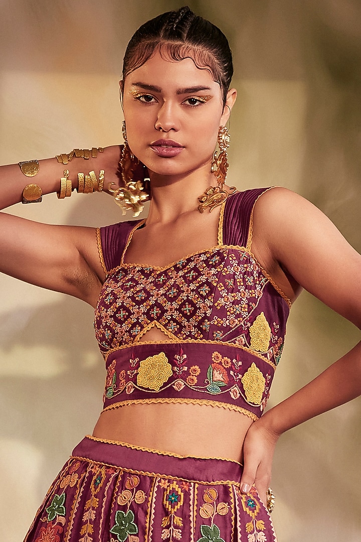 Plum Chanderi Embroidered Bustier by Chandrima at Pernia's Pop Up Shop