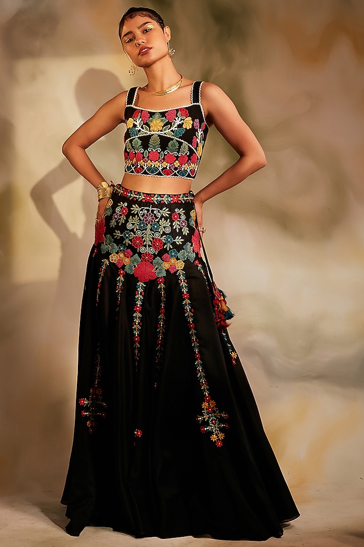 Black Chanderi Embroidered Lehenga by Chandrima