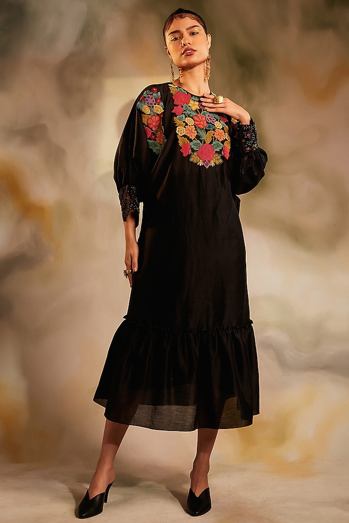Black Embroidered Kimono Dress by Chandrima