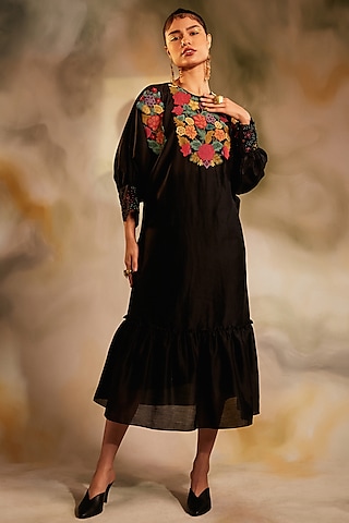 Black Embroidered Kimono Dress by Chandrima