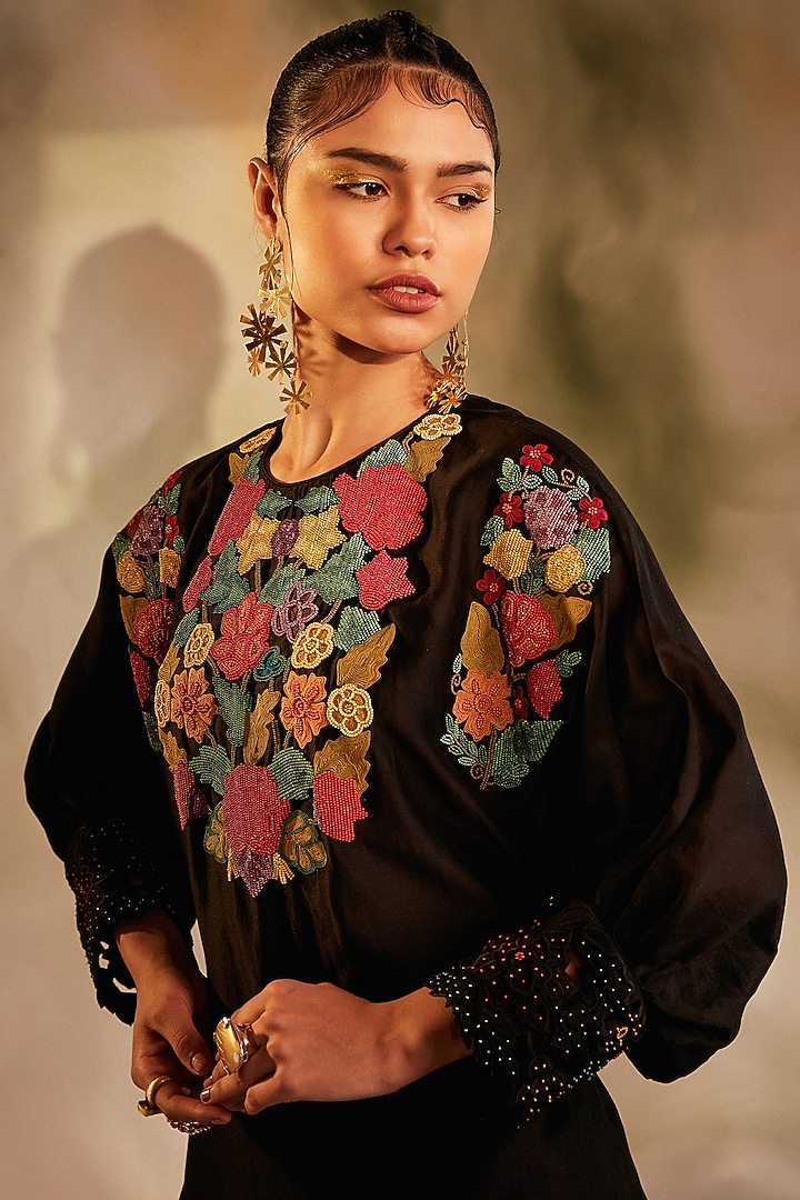 Black Embroidered Kimono Vacation Dress by Chandrima at Pernia's Pop Up Shop