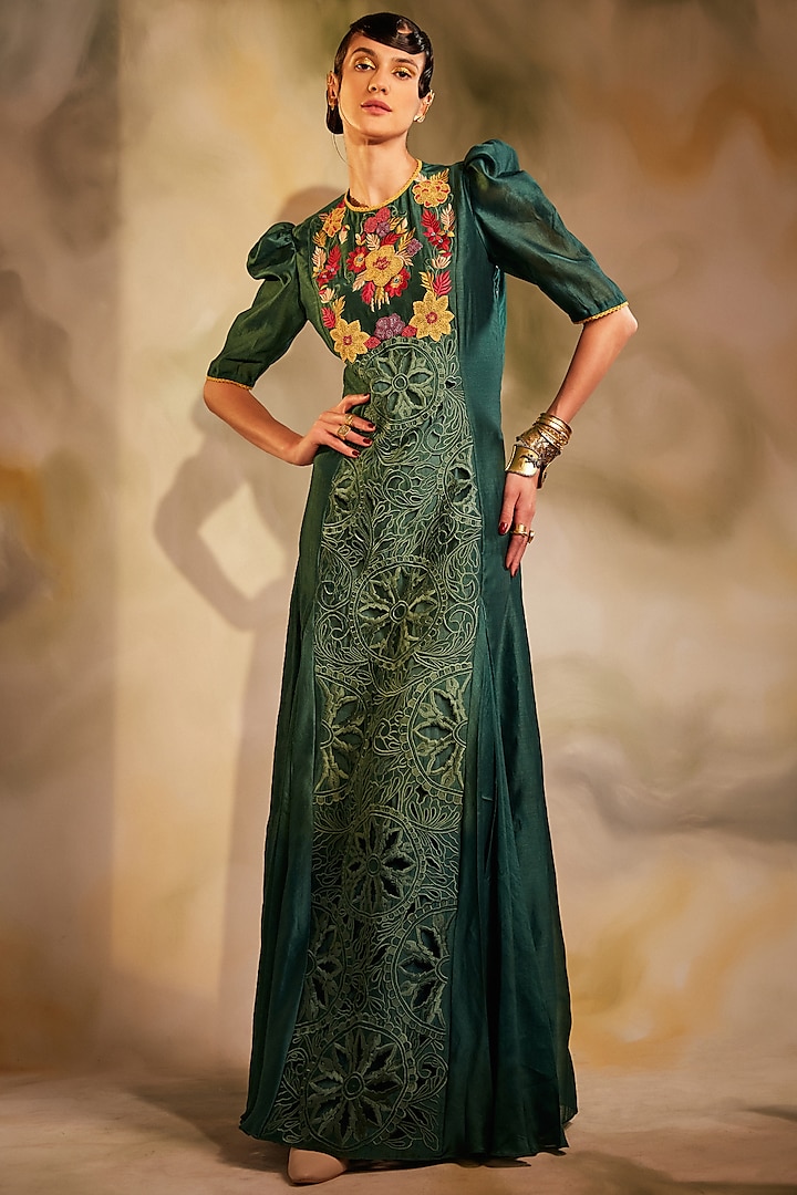 Emerald Green Embroidered Maxi Dress by Chandrima
