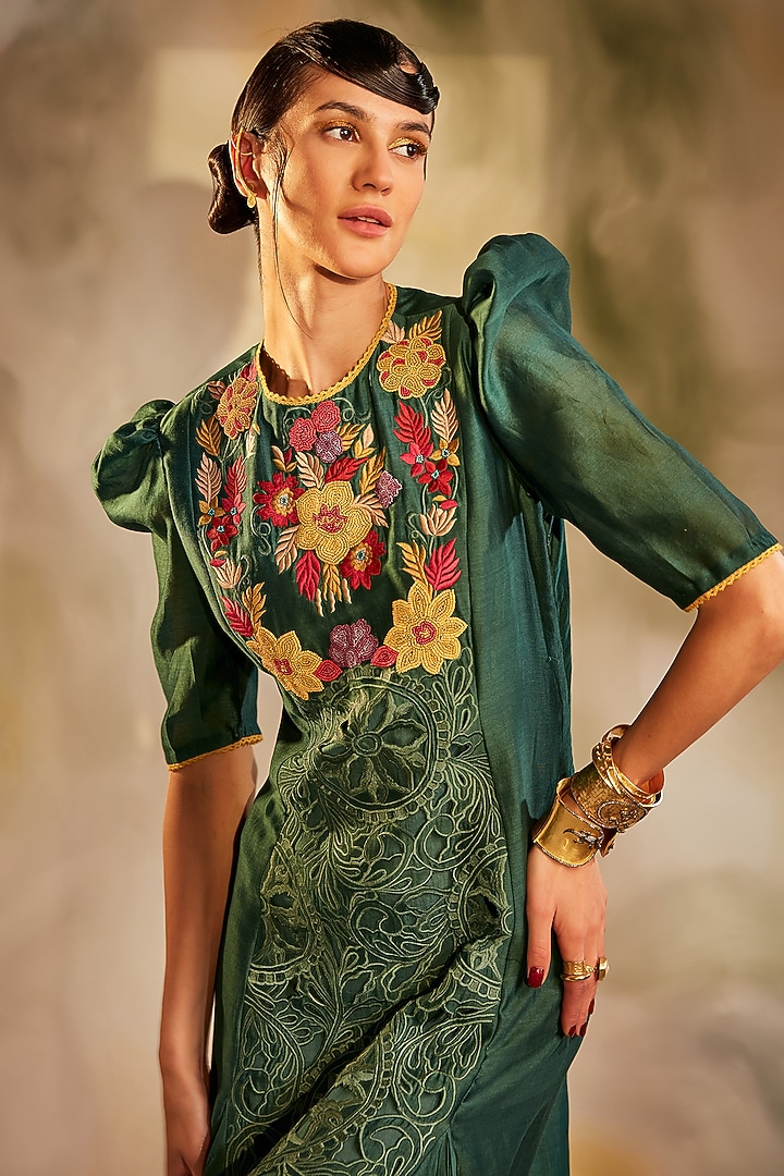 Emerald Green Embroidered Maxi Cocktail Dress by Chandrima at Pernia's Pop Up Shop