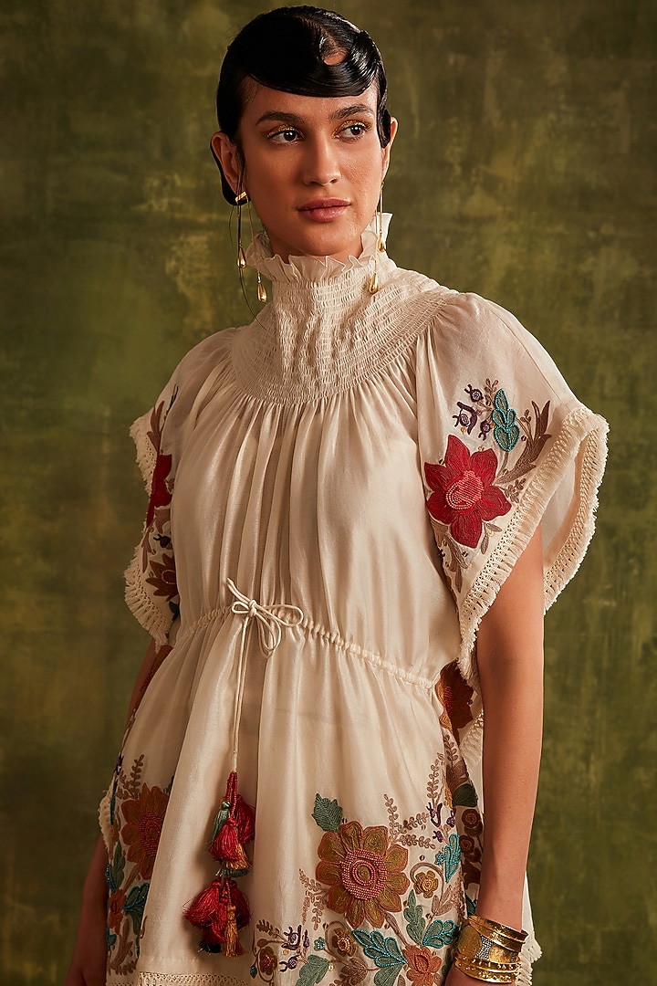 Ivory Chanderi Embroidered Kaftan by Chandrima at Pernia's Pop Up Shop