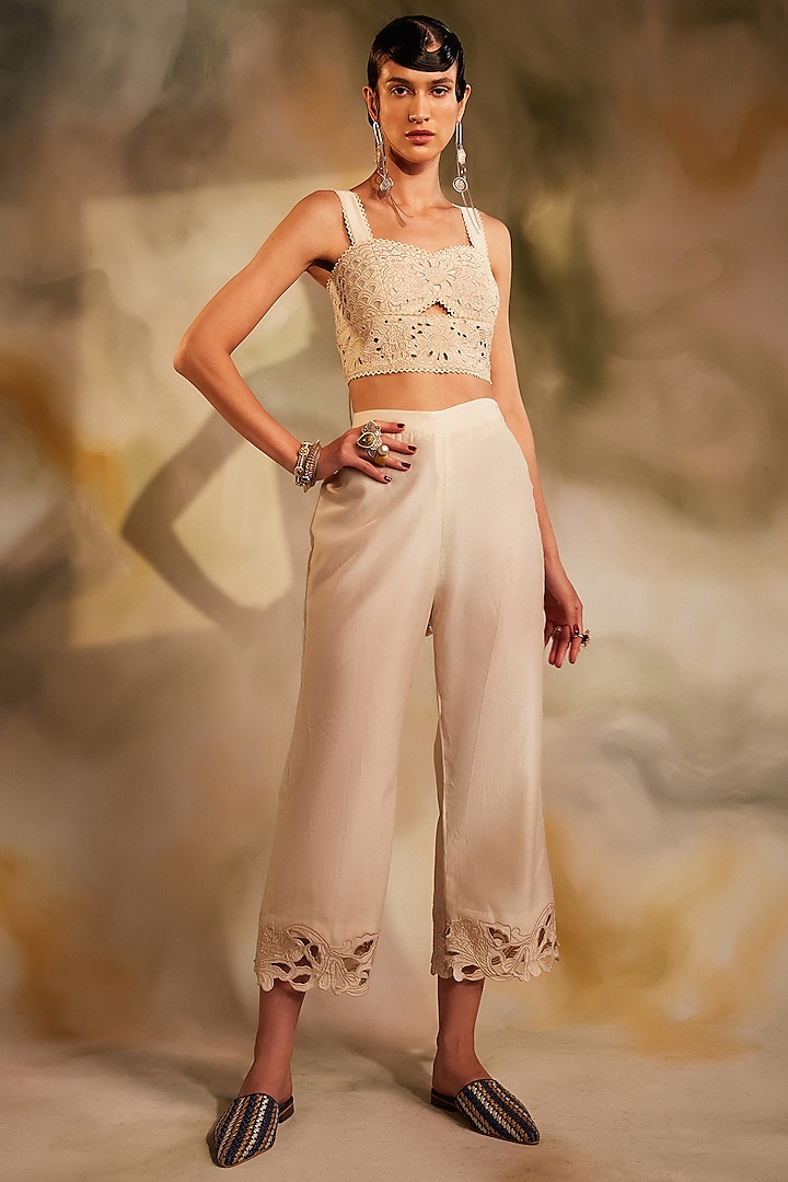 Ivory Chanderi Embroidered Straight Pants by Chandrima