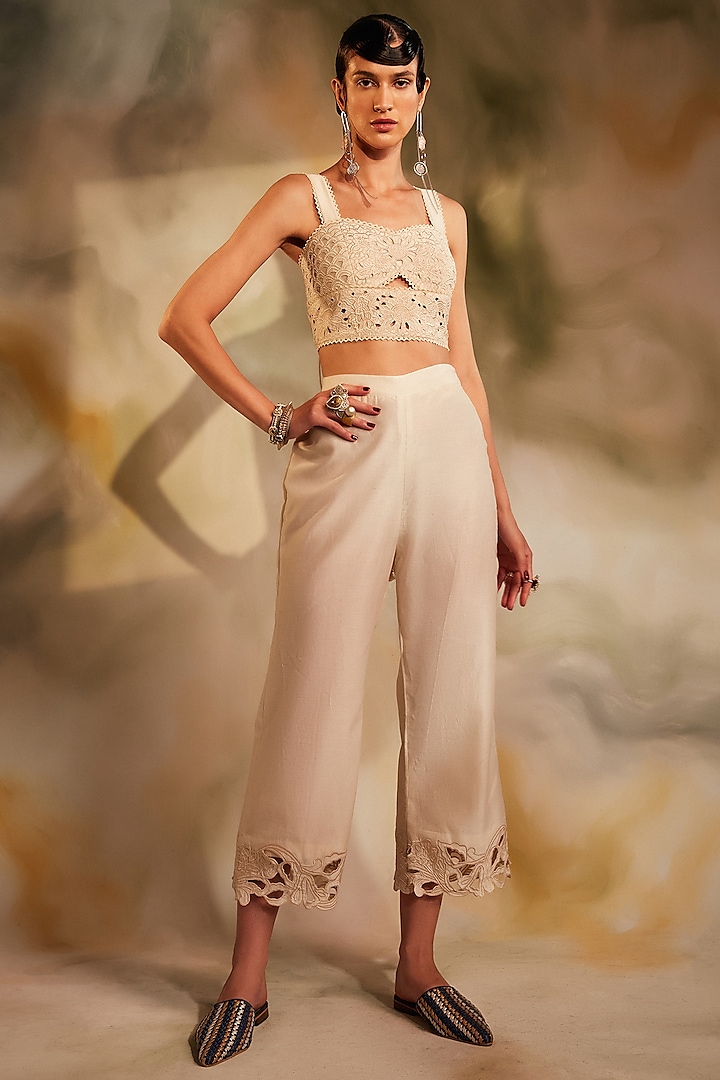 Ivory Chanderi Embroidered Straight Pants by Chandrima at Pernia's Pop Up Shop