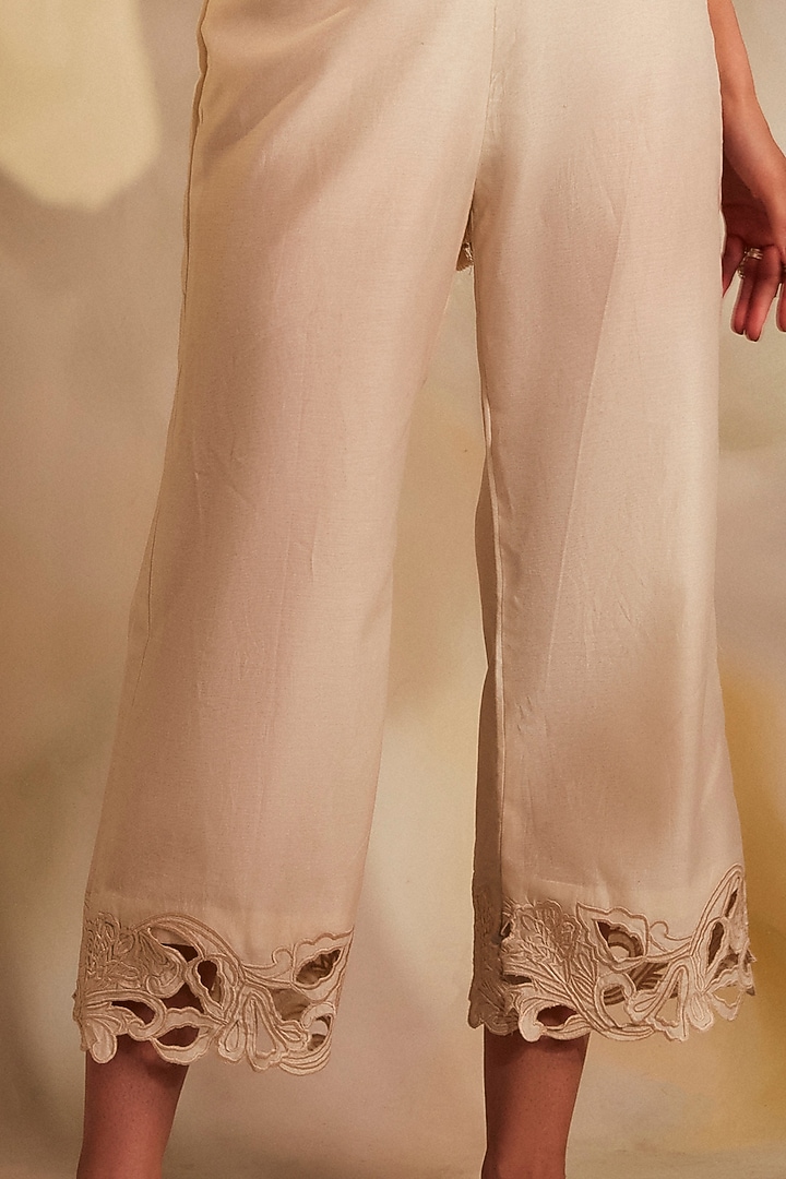 Ivory Chanderi Embroidered Straight Pants by Chandrima at Pernia's Pop Up Shop