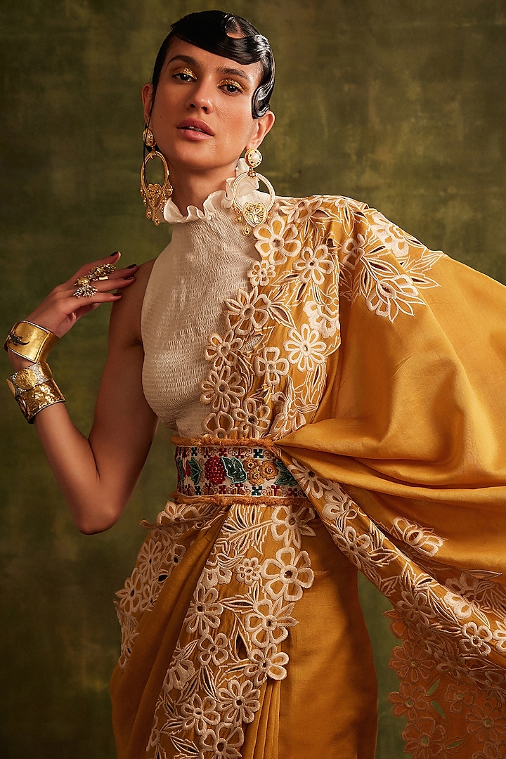Yellow Embroidered Wedding Saree Set by Chandrima at Pernia's Pop Up Shop