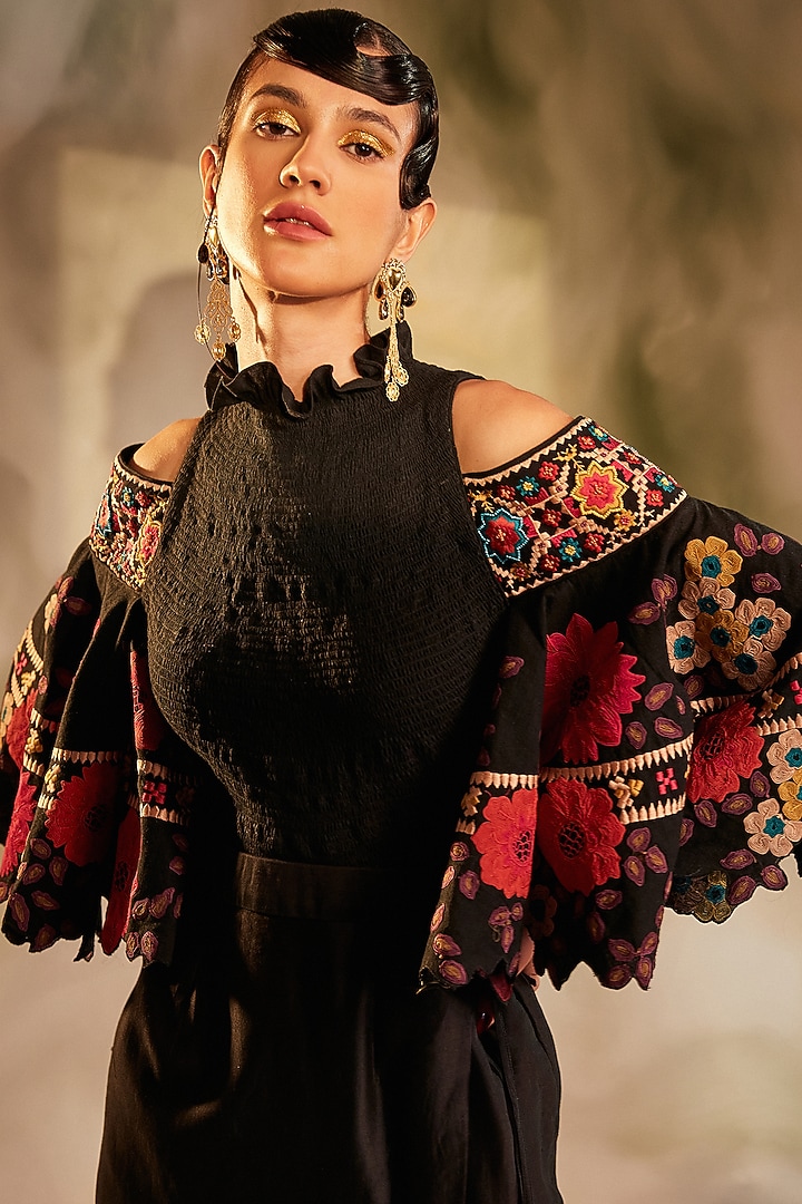 Black Kala Cotton Cold Shoulder Top by Chandrima at Pernia's Pop Up Shop
