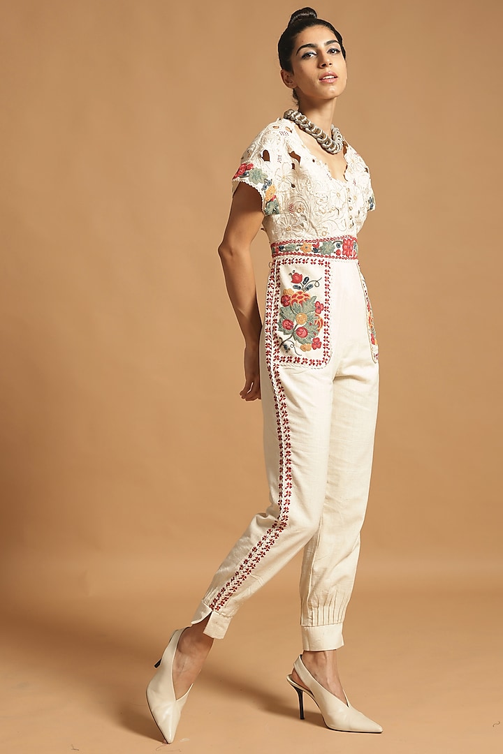 Ivory Cutwork Embroidered Jumpsuit by Chandrima