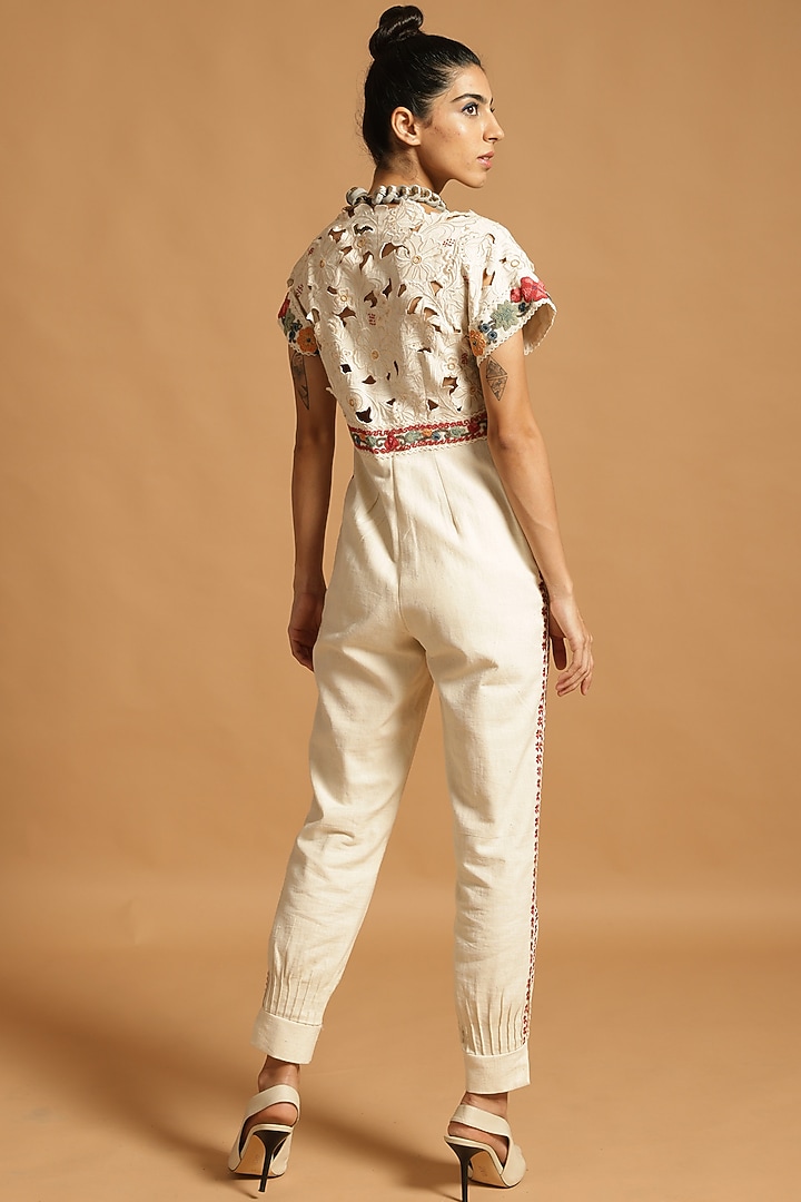 Ivory Cutwork Embroidered Jumpsuit by Chandrima at Pernia's Pop Up Shop