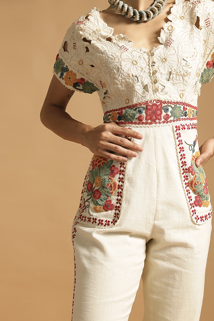 Ivory Cutwork Embroidered Jumpsuit by Chandrima at Pernia's Pop Up Shop