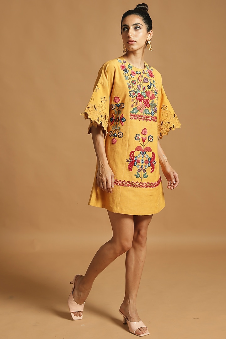 Yellow Embroidered Vacation Dress by Chandrima at Pernia's Pop Up Shop