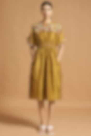 Yellow Gathered & Embroidered Vacation Dress by Chandrima at Pernia's Pop Up Shop