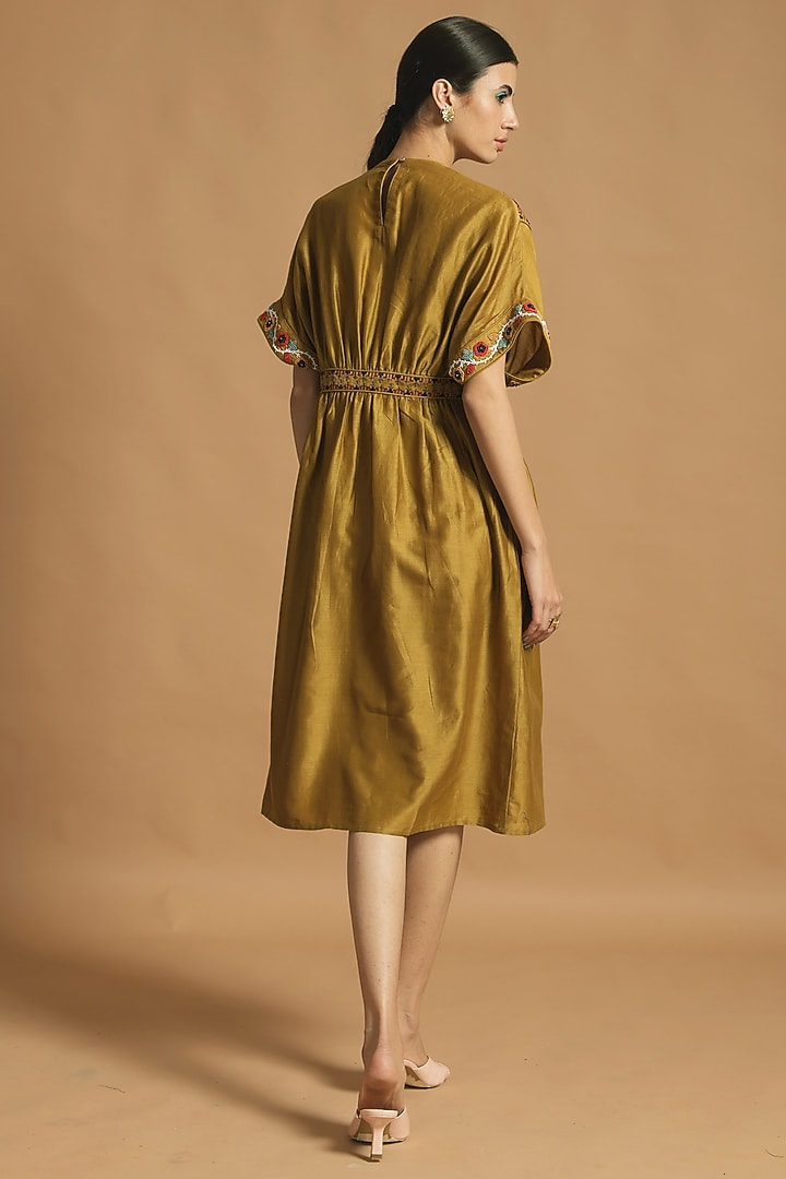 Yellow Gathered & Embroidered Vacation Dress by Chandrima at Pernia's Pop Up Shop