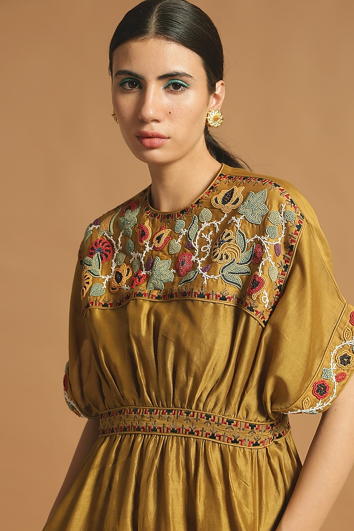 Yellow Gathered & Embroidered Vacation Dress by Chandrima at Pernia's Pop Up Shop