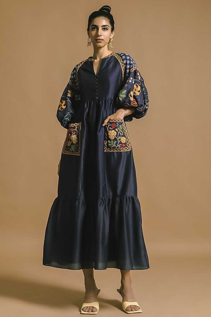 Cobalt Blue Embroidered Dress by Chandrima