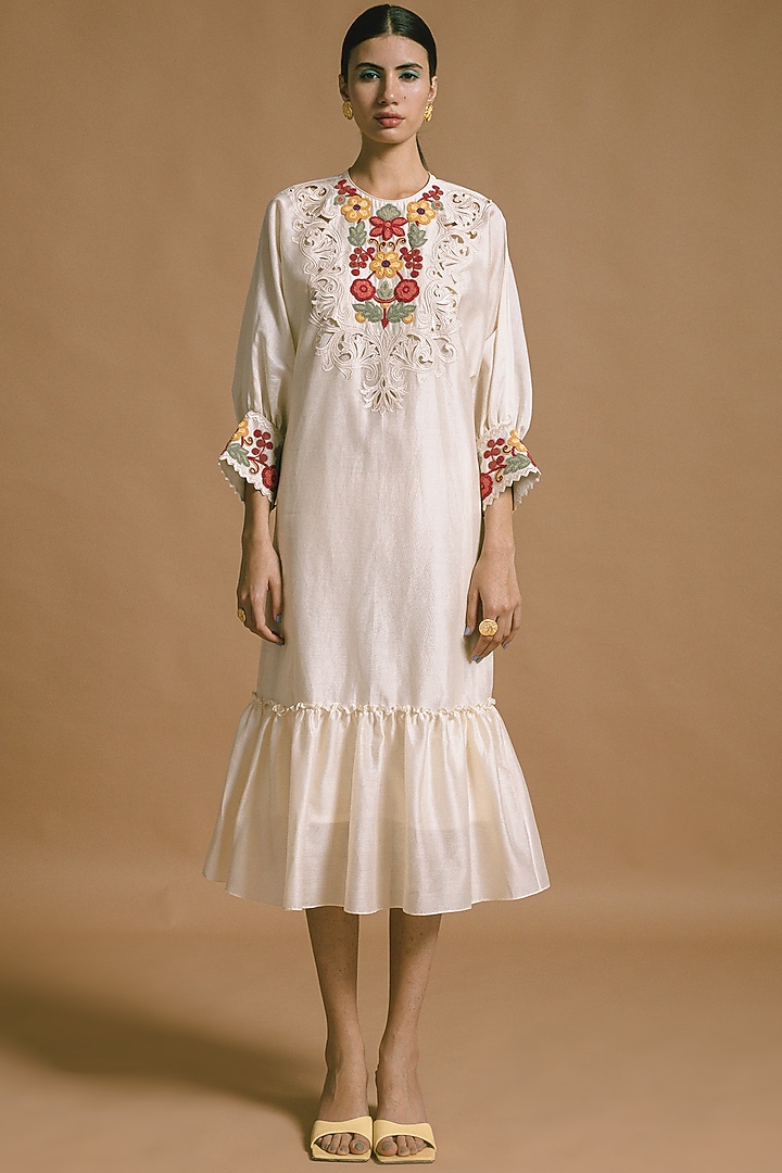 White Embroidered Kimono Vacation Dress by Chandrima at Pernia's Pop Up Shop
