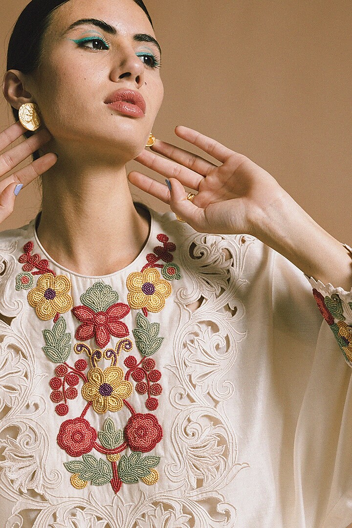 White Embroidered Kimono Vacation Dress by Chandrima at Pernia's Pop Up Shop
