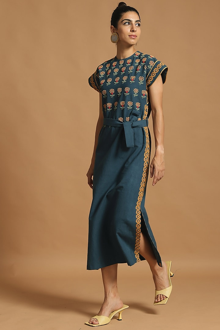 Cobalt Blue Embroidered Dress With Slits by Chandrima