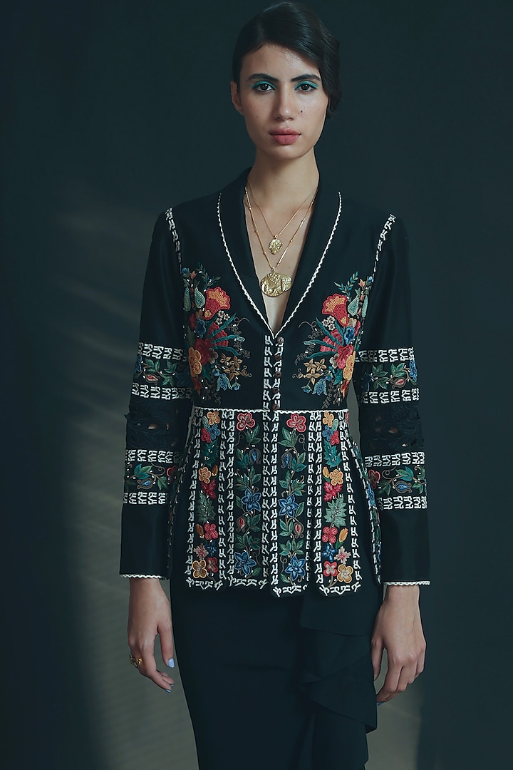 Black Thread Embroidered Jacket by Chandrima