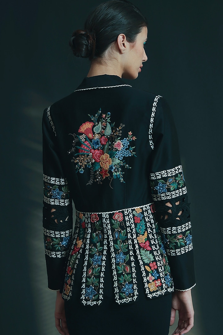 Black Thread Embroidered Jacket by Chandrima at Pernia's Pop Up Shop