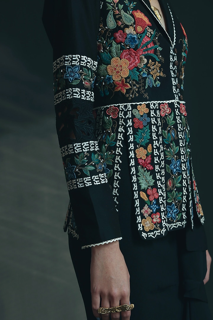 Black Thread Embroidered Jacket by Chandrima at Pernia's Pop Up Shop