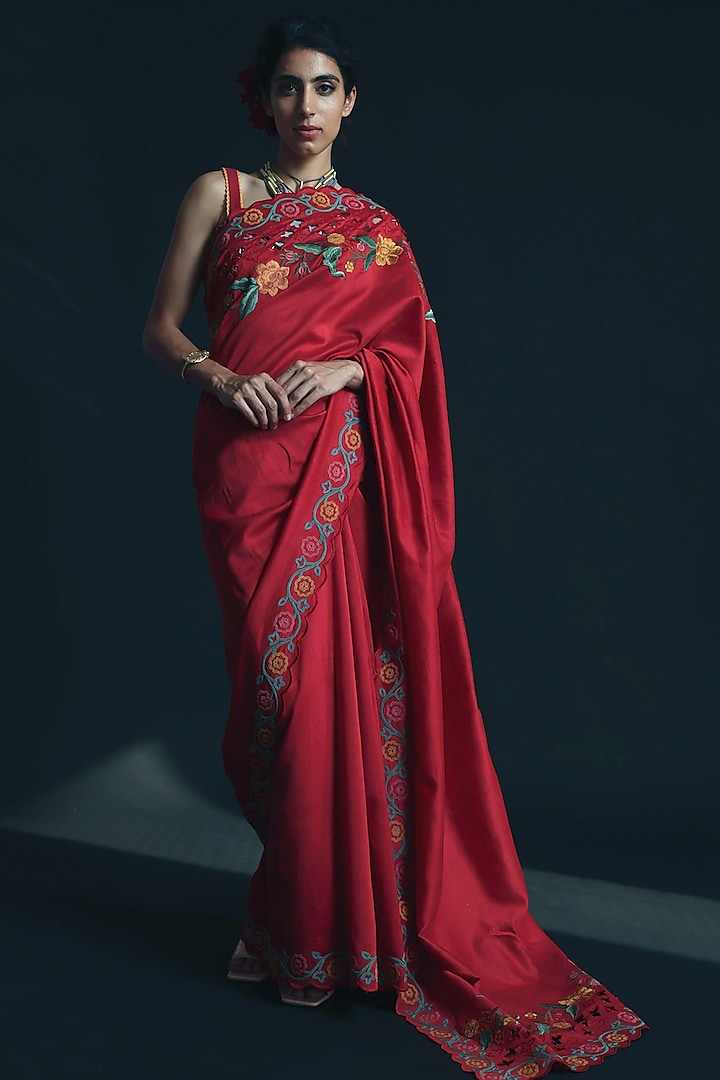 Red Thread Embroidered Saree by Chandrima