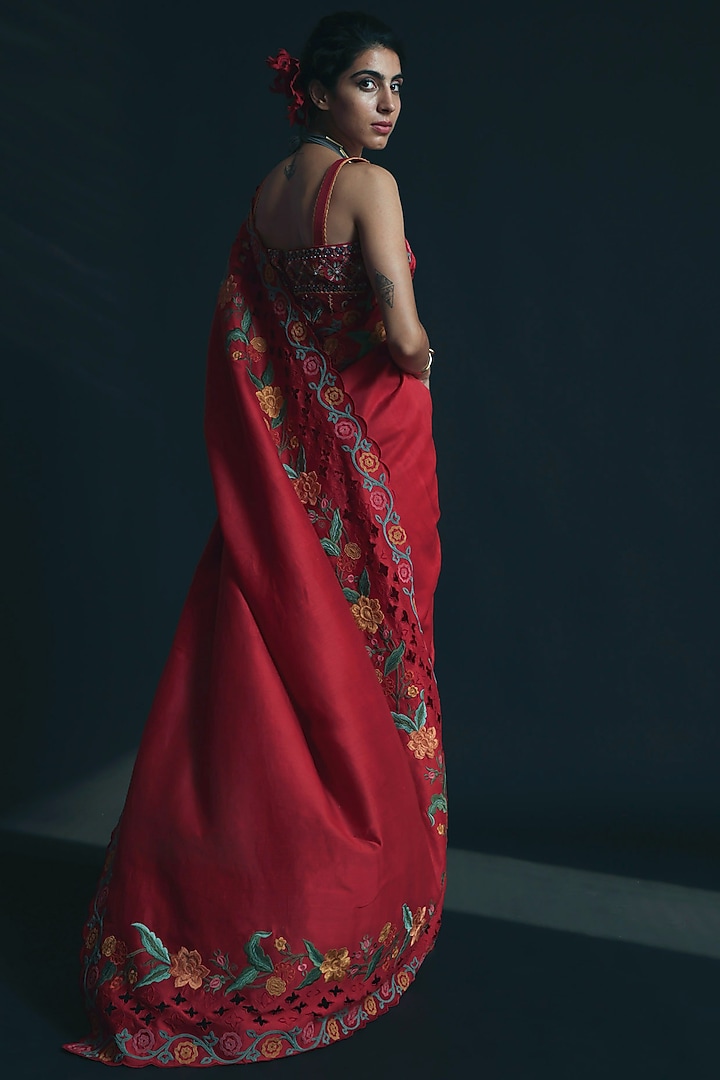 Red Thread Embroidered Wedding Saree by Chandrima at Pernia's Pop Up Shop