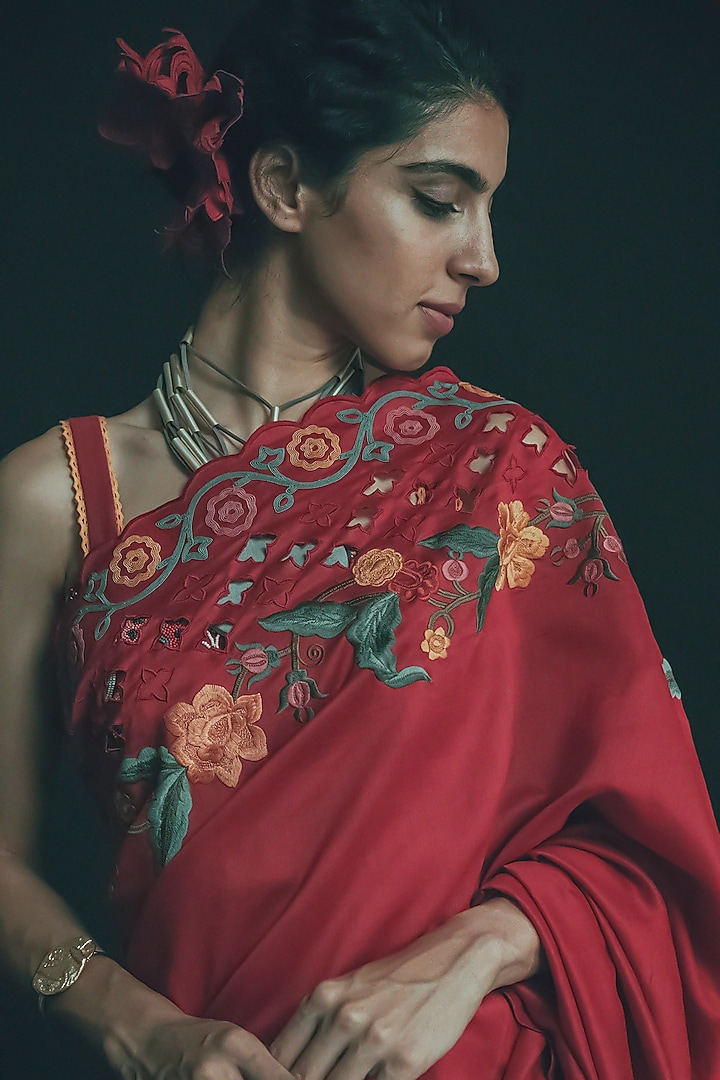 Red Thread Embroidered Wedding Saree by Chandrima at Pernia's Pop Up Shop