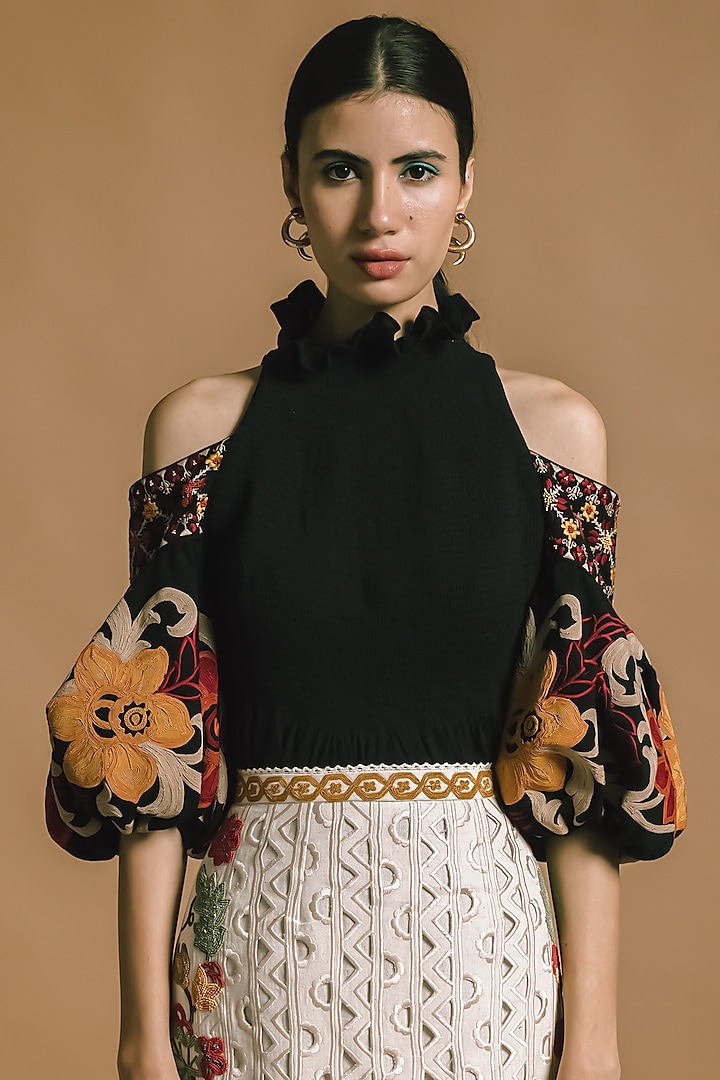Black Embroidered Halter Top by Chandrima at Pernia's Pop Up Shop