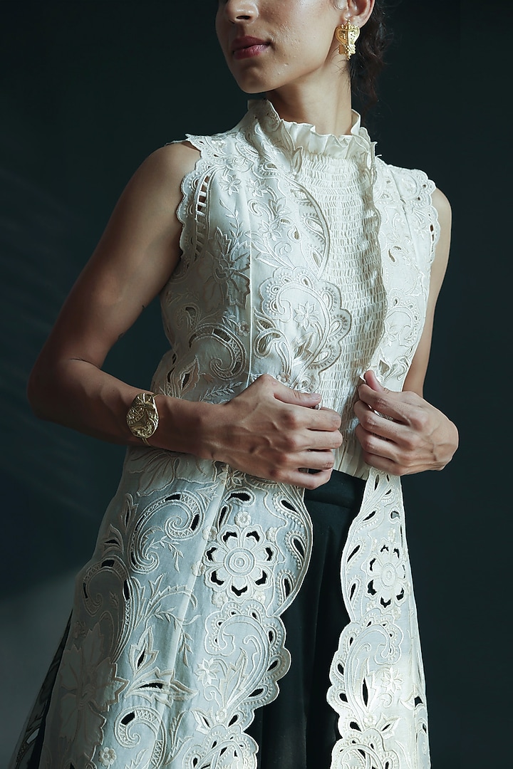 Ivory Cutwork Embroidered Jacket by Chandrima at Pernia's Pop Up Shop