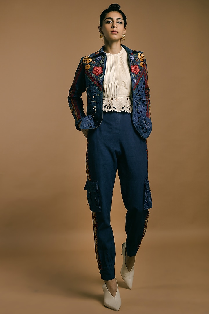 Cobalt Blue Embroidered Jacket by Chandrima