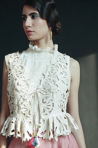 Ivory Ruffled & Embroidered Waistcoat by Chandrima