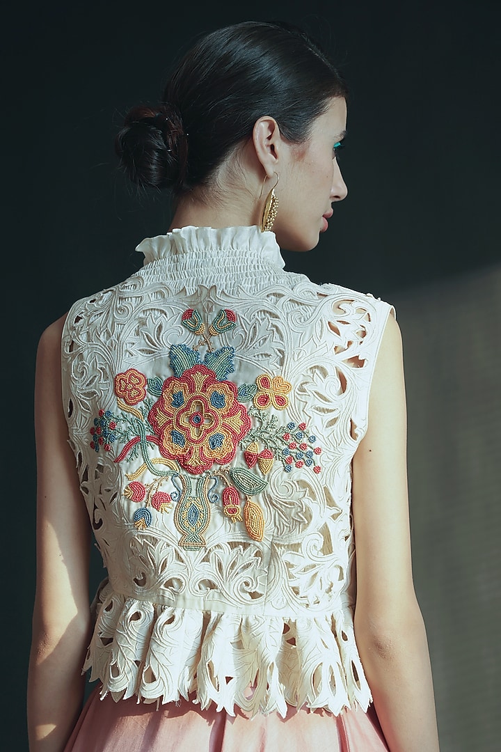 Ivory Ruffled & Embroidered Waistcoat by Chandrima at Pernia's Pop Up Shop