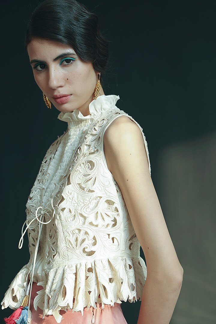 Ivory Ruffled & Embroidered Waistcoat by Chandrima at Pernia's Pop Up Shop