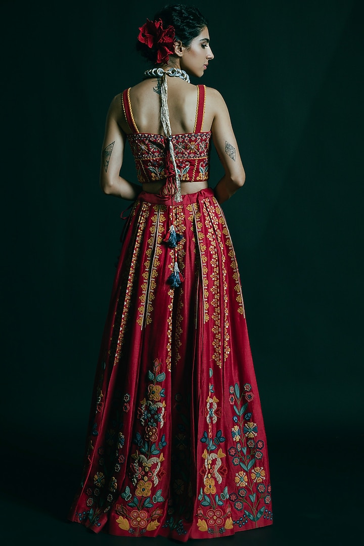 Red Cutwork Embroidered Wedding Lehenga by Chandrima at Pernia's Pop Up Shop