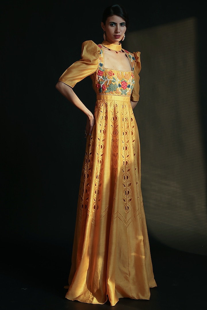 Yellow Cutwork Embroidered Cocktail Dress by Chandrima at Pernia's Pop Up Shop