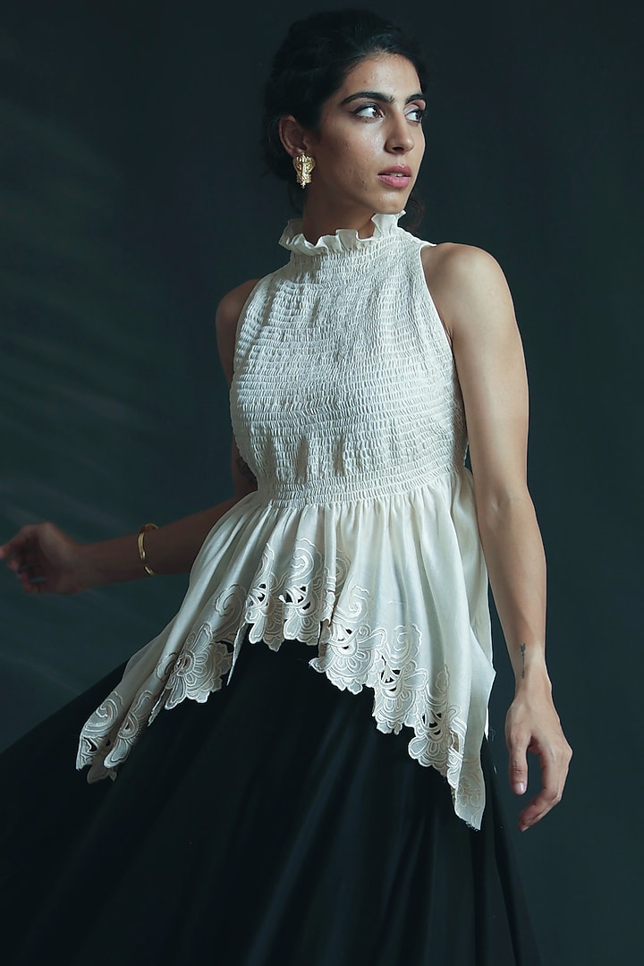 White Embroidered Halter Top by Chandrima at Pernia's Pop Up Shop