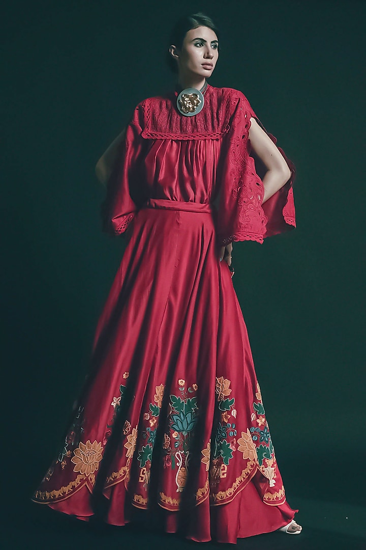 Red Embroidered Scalloped Lehenga by Chandrima