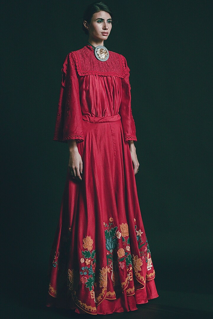 Red Embroidered Scalloped Wedding Lehenga by Chandrima at Pernia's Pop Up Shop