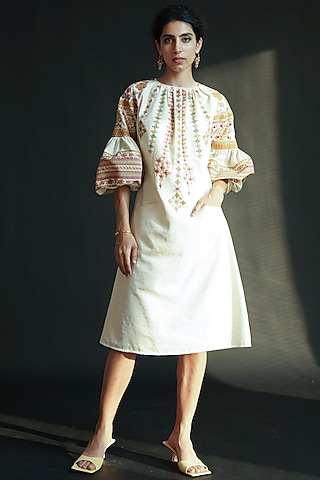 Ivory Kala Cotton Embroidered Dress by Chandrima