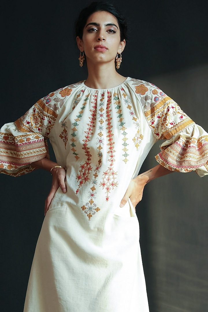 Ivory Kala Cotton Embroidered Vacation Dress by Chandrima at Pernia's Pop Up Shop