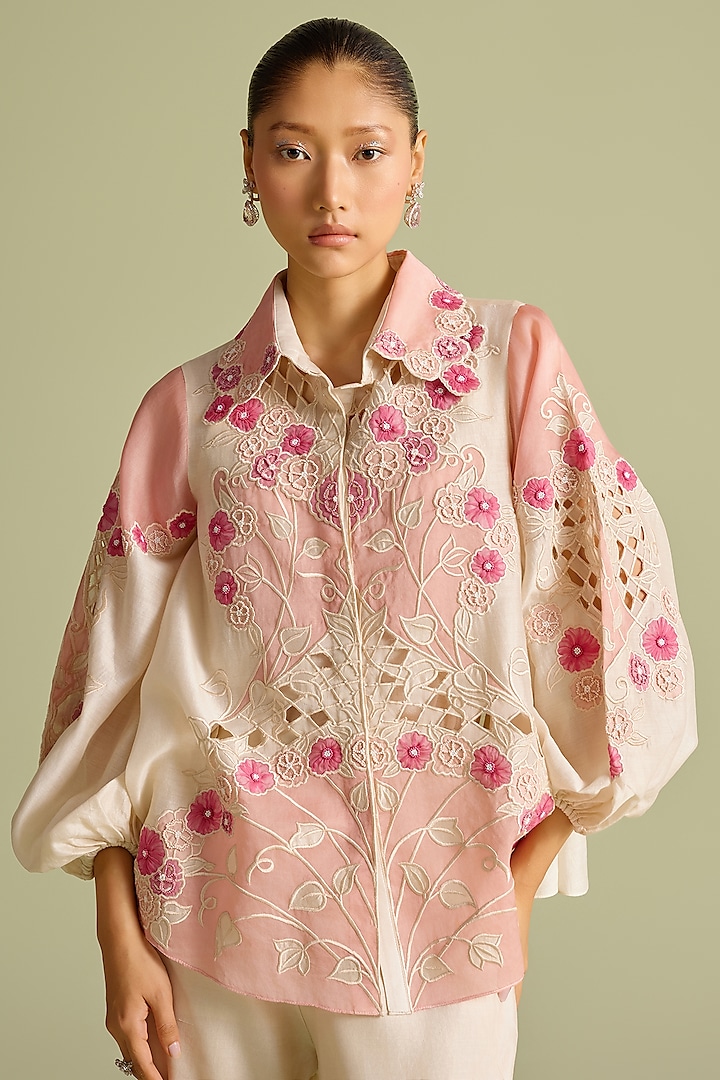 Ivory & Pink Chanderi Applique Panelled Shirt by Chandrima at Pernia's Pop Up Shop