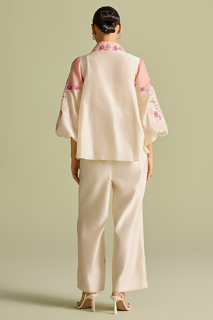 Ivory & Pink Chanderi Applique Panelled Shirt by Chandrima at Pernia's Pop Up Shop
