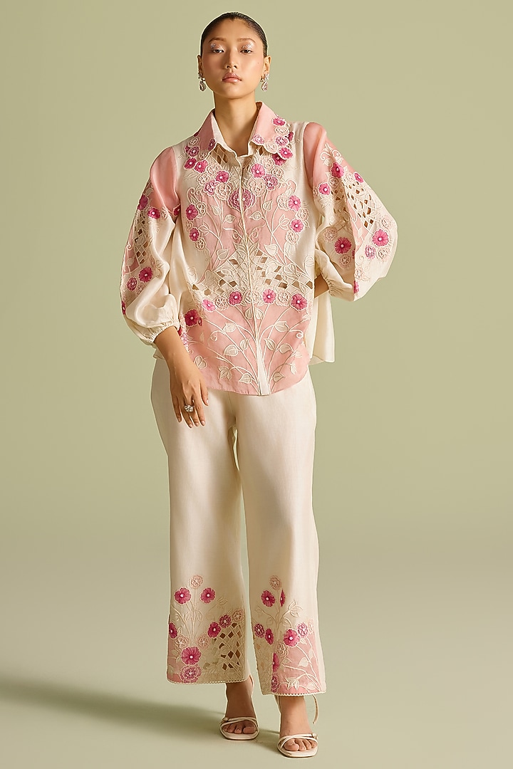 Ivory & Pink Chanderi Applique Panelled Shirt by Chandrima at Pernia's Pop Up Shop