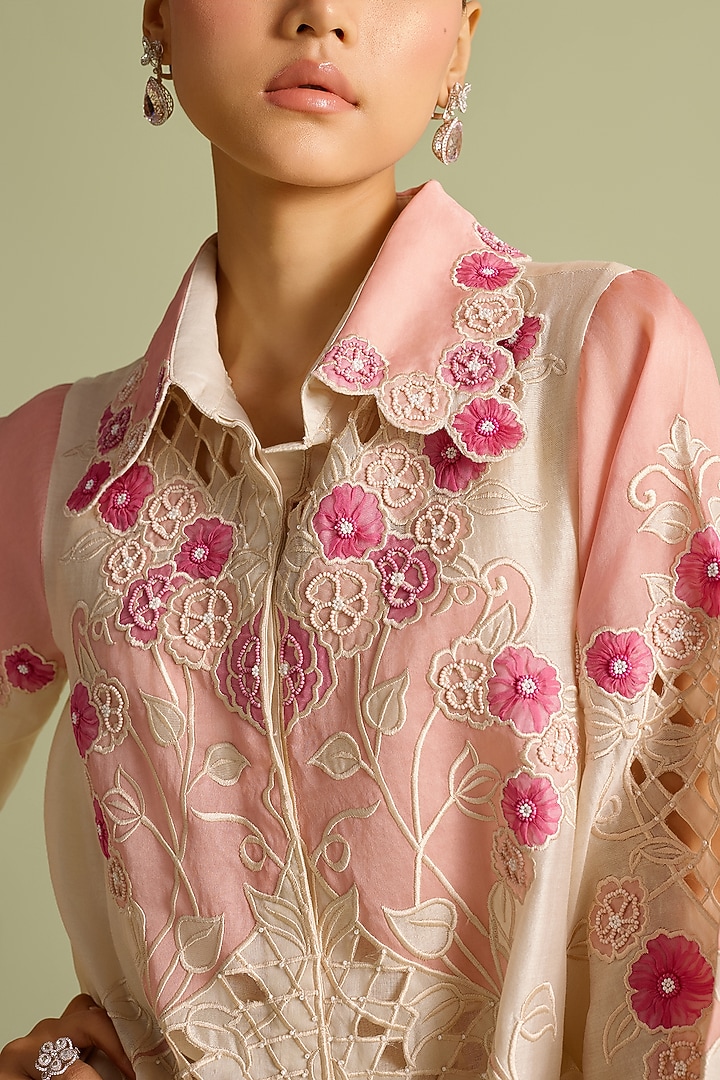 Ivory & Pink Chanderi Applique Panelled Shirt by Chandrima at Pernia's Pop Up Shop