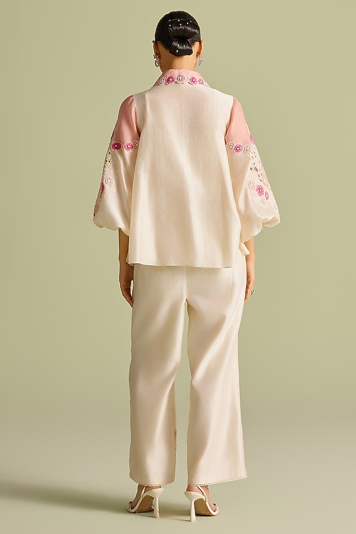 Ivory & Pink Chanderi Applique Pants by Chandrima at Pernia's Pop Up Shop