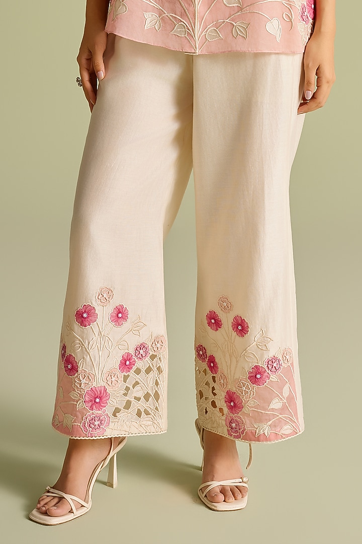 Ivory & Pink Chanderi Applique Pants by Chandrima at Pernia's Pop Up Shop
